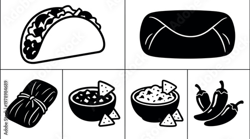 Black and white taco burrito tamale salsa guacamole and chili pepper icons