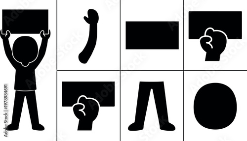 Black silhouette holding blank sign person with hand and legs