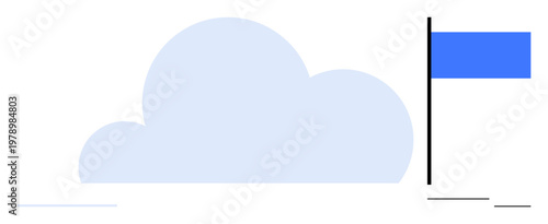 Digital networks, data storage, cloud computing, online systems, connectivity, communication. A cloud next to a blue flag. Cloud computing and network systems concept