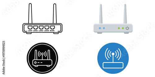 WiFi router icons set with wireless signal symbol internet connection network device flat design