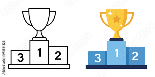 Podium and Trophy Icon: A modern illustration presents a winner's podium topped with a golden trophy, symbolizing achievement, success, and recognition in both outline and colored variations. 
