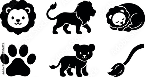 Black and white lion faces paw and cub silhouette vector art