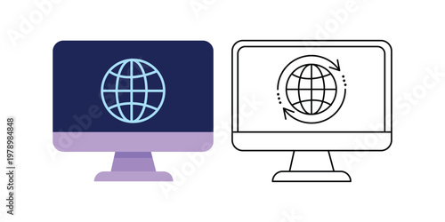Digital World in View: Two computer monitors side by side, each showcasing a globe, one in color and the other as a line drawing, capturing the essence of global communication and connection.