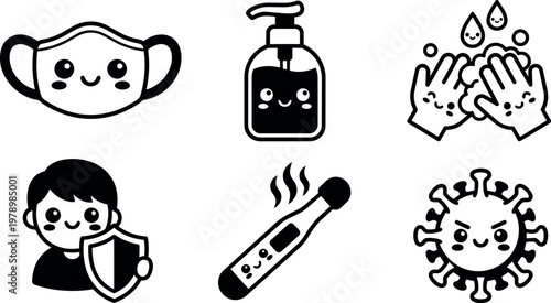 Cute black and white vector icons of mask soap sanitizer handwashing virus thermometer and person with shield