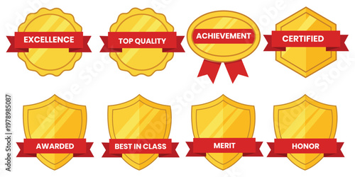 Symbol of Excellence: An array of golden emblems, each bearing a distinct inscription celebrating achievement, quality, and recognition