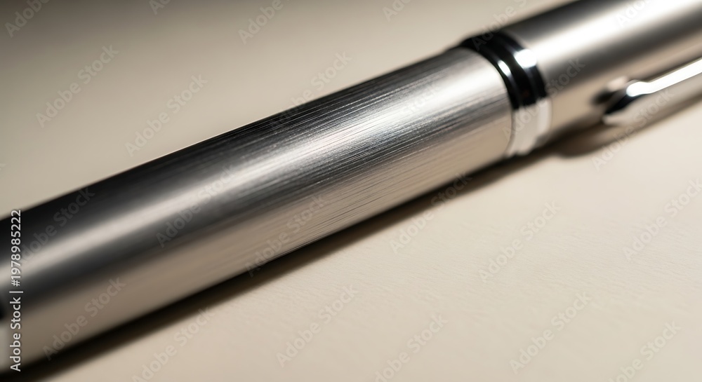 Naklejka premium Close-up macro shot of a sleek, modern brushed metal pen with elegant detailing