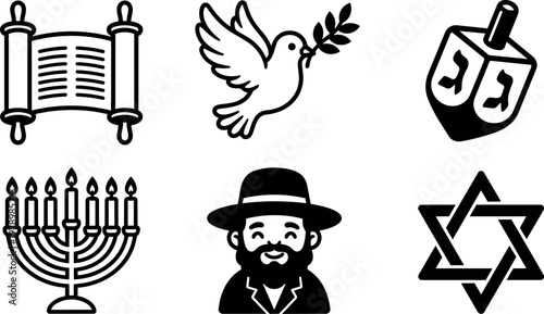 Black and white jewish symbols menorah dreidel star of david rabbi dove with olive branch torah scroll