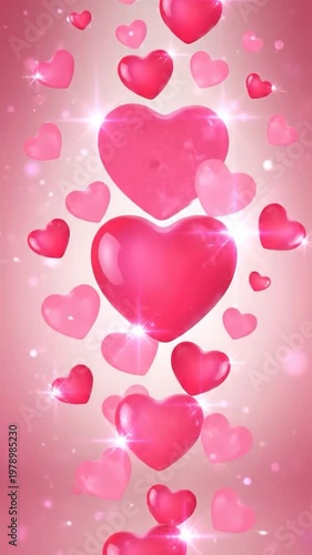 A vertical background featuring many floating pink and red hearts with glowing sparkles