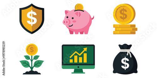 Financial Icons: A collection of various icons depicting financial concepts, including a shield, piggy bank, coin stacks, a money plant, a computer display showing a growing graph, and a money bag. 