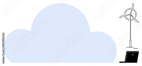 Renewable energy, green technology, cloud computing, digital sustainability, eco-friendly innovations, environmental impact. Wind turbine by a laptop with a large cloud. Renewable energy and green