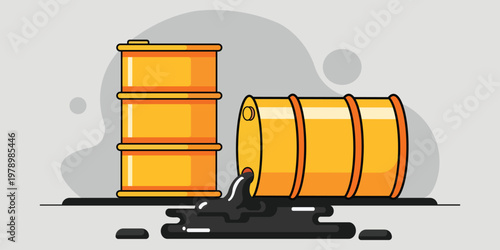 Crude Oil Barrels: Illustrative depiction of stacked yellow barrels, one spilling dark oil, a stark visual commentary on resource management and environmental impacts.