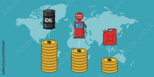 Oil and Gas Industry Illustration: The graphic portrays the economic flow of oil and gas resources across the globe, with barrels, pumps, and containers converging with financial symbols.
