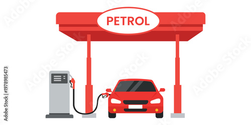 Fueling Up: A sleek red car refuels at a petrol station, a symbol of modern transport. The bright red petrol station stands in contrast, representing the intersection of vehicles and industry. 