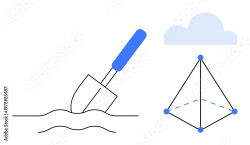 Agriculture, construction, creativity, design, geometry, and innovation. A shovel digging soil, a cloud and a geometric structure with dotted lines. Agriculture and construction concepts