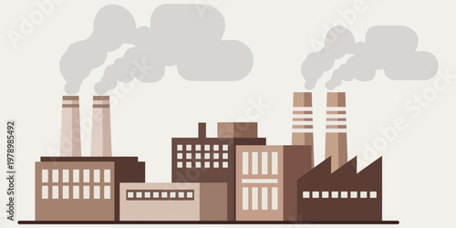 Industrial Landscape: A stark illustration of factory buildings belching plumes of smoke into the air, presenting a symbol of industrial activity and environmental concerns.
