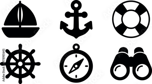 Black marine nautical icons sailboat anchor lifebuoy compass helm binoculars