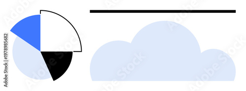 Data analytics, cloud storage, business intelligence, technology trends, digital infrastructure, innovation. Pie chart and abstract cloud graphic with clean lines. Data analytics and cloud storage