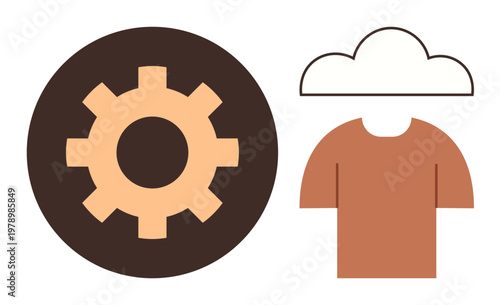 Technology innovation, cloud computing, automation, software engineering, system integration, tech design. Gear inside a circle and a cloud over a shirt. Technology innovation and cloud computing