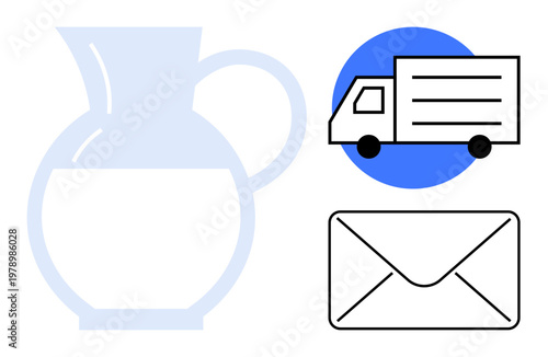 Logistics, email, delivery services, communication, shipping, modern transportation. A truck, envelope and jug icon against a minimal backdrop. Logistics and email communication