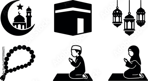 Black silhouette icons of islamic mosque crescent and praying boy and girl vector art