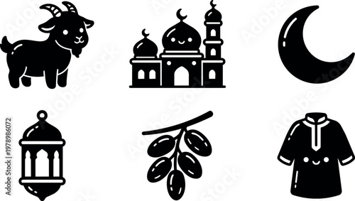 Black and white line art islamic mosque goat crescent lantern olive branch and thobe clothing