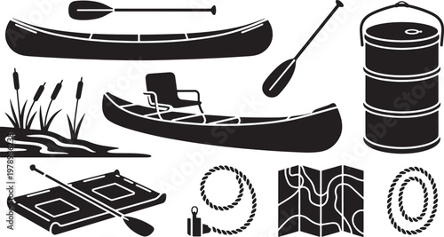 Collection of canoe, paddle, camping equipment, and map vector silhouettes