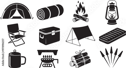 Collection of essential camping and outdoor adventure equipment silhouettes for nature explorat