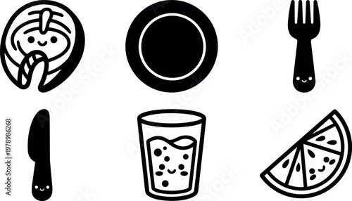 Cute kawaii food icons with smiling sushi fork knife plate juice and orange slice