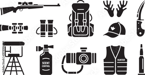 Hunting Equipment Vector Icon Set with Rifle Backpack Deer Antlers Binoculars Vest and Bullets