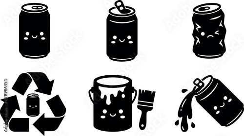 Black and white cute soda cans and paint bucket vector art icons