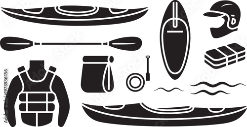 Kayaking and Water Sports Equipment Set Vector Illustration Graphic Design Elements