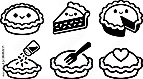Black and white vector art happy pie and pie slice with fork and salt shaker