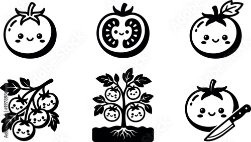 Cute black and white tomato kawaii faces and plants with knife
