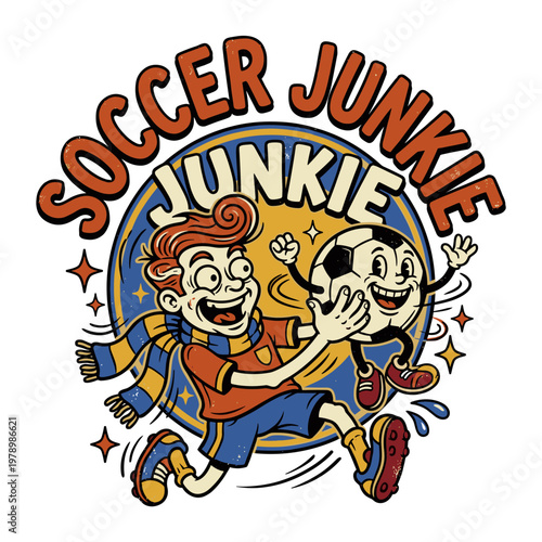 Retro cartoon fan with soccer ball mascot "Soccer Junkie"