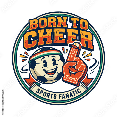 Smiling soccer ball with foam finger and 'Born to Cheer' text