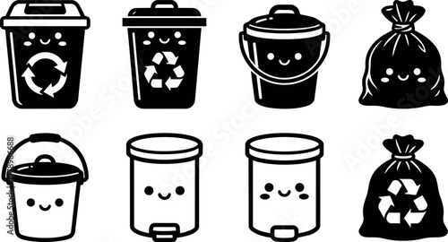 Black and white kawaii recycling bins and trash bags vector art with happy faces