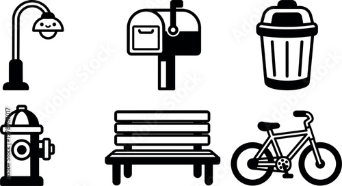 Black and white line art street lamp mailbox trash bin fire hydrant bench bicycle icons