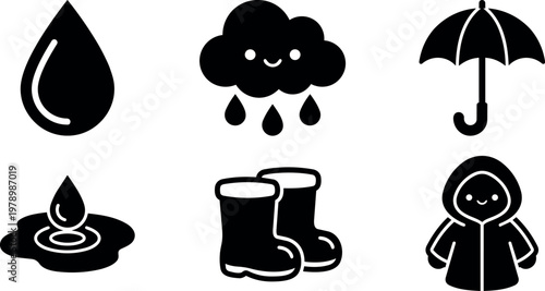 Black and white rain drop cloud boots and umbrella icons set