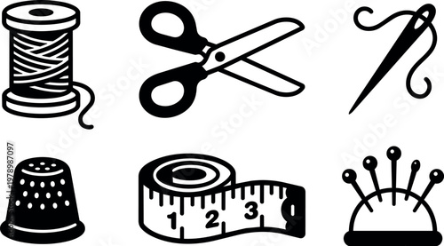 Black and white sewing tools vector art with thread scissors needle thimble tape measure and pin cushion