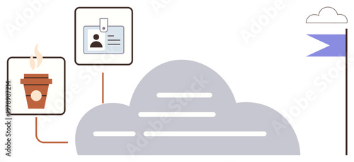 Productivity, remote work, digital identity, cloud storage, technology, business goals. Coffee cup, ID card cloud flag in abstract minimal illustration. Remote work and digital identity concept