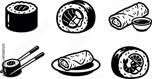 Black and white sushi rolls and spring roll line art vector set