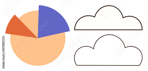 Data visualization, cloud storage, analytics, reporting, technology, statistics. Pie chart with three segments next to outlined cloud symbols. Data visualization and cloud storage concept