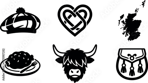 Black and white scottish themed icons with tam o shanter hat highland cow and map