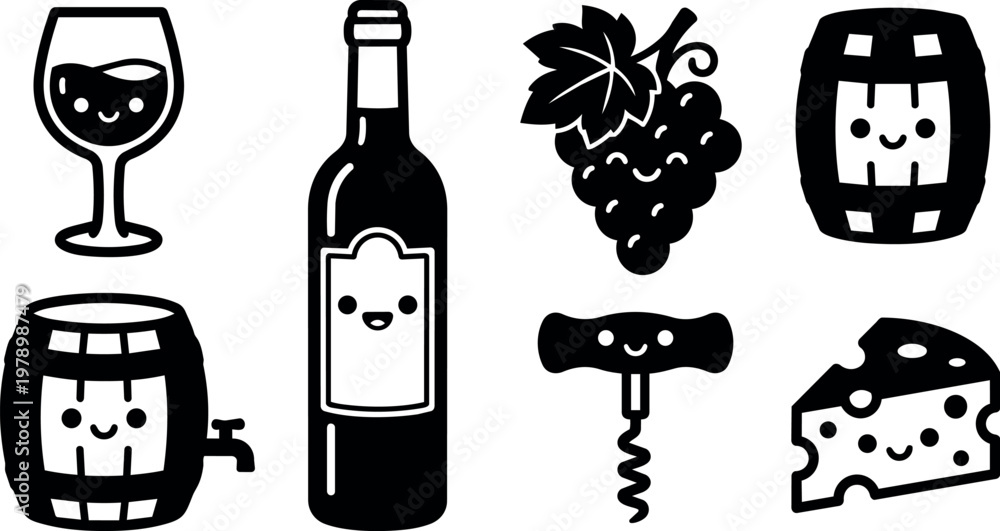 Naklejka premium Cute black and white wine glass grape bottle corkscrew barrel and cheese vector art