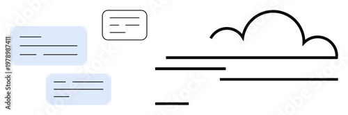 Cloud computing, data sharing, networking, digital storage, technology, communication. Minimal cloud shape with horizontal lines and message boxes. Cloud computing and data sharing theme