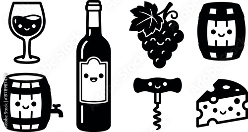 Cute black and white wine glass grape bottle corkscrew barrel and cheese vector art