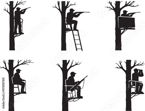 Hunting tree stand scenes silhouettes bundle hunter elevated aiming ladder stand black isolated icons set