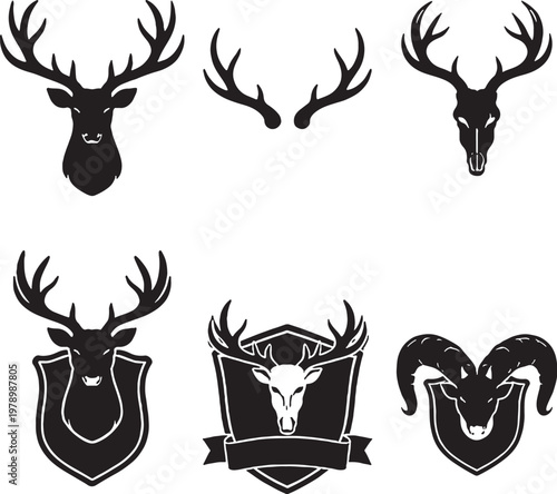 Hunting trophy icons silhouette deer head antlers skull badge horns set black vector isolated