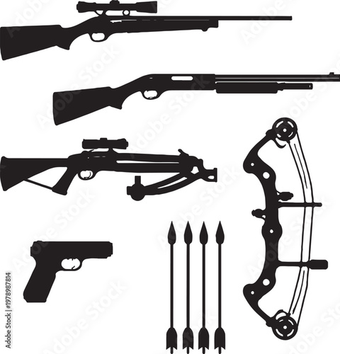 Hunting weapons silhouette set rifle shotgun crossbow compound bow handgun arrow bundle black vector isolated