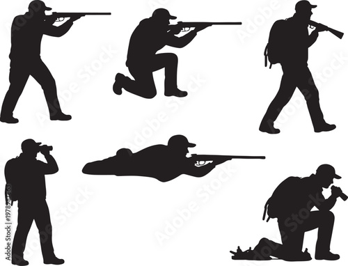 Hunting poses silhouettes bundle hunter aiming crouching walking shooting tracking black isolated icons set